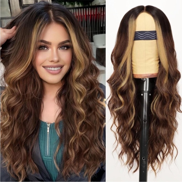 Women Brown HighlightLong Wavy Lace Hairline Middle Part Wig 26 inch NEW